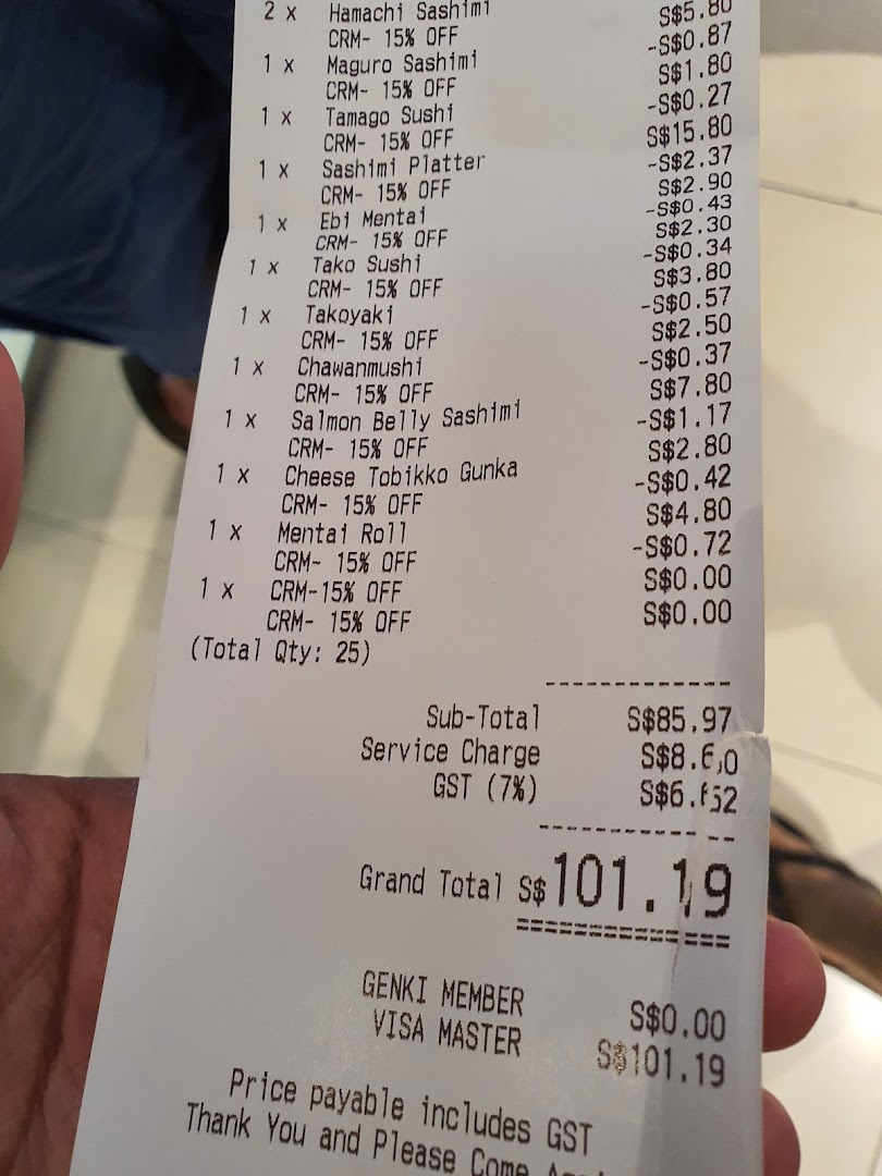 A detailed receipt from Genki Sushi showing various sushi and sashimi items with prices and discounts.