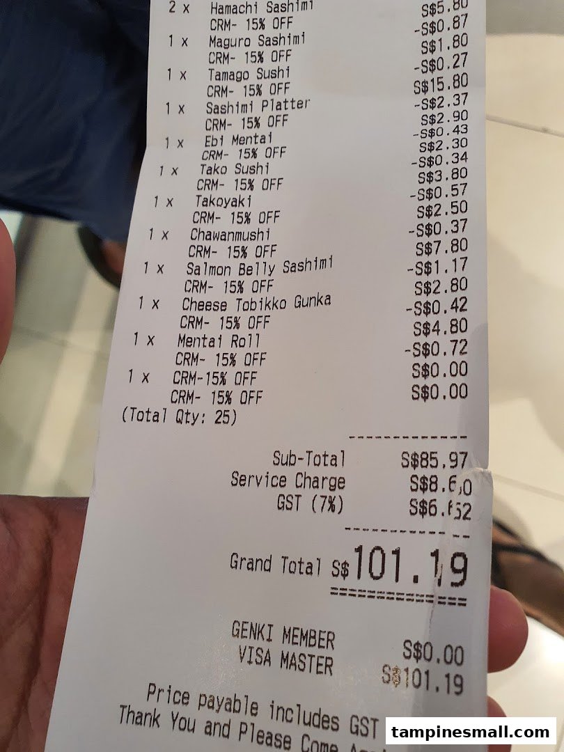 A detailed receipt from Genki Sushi showing various sushi and sashimi items with prices and discounts.