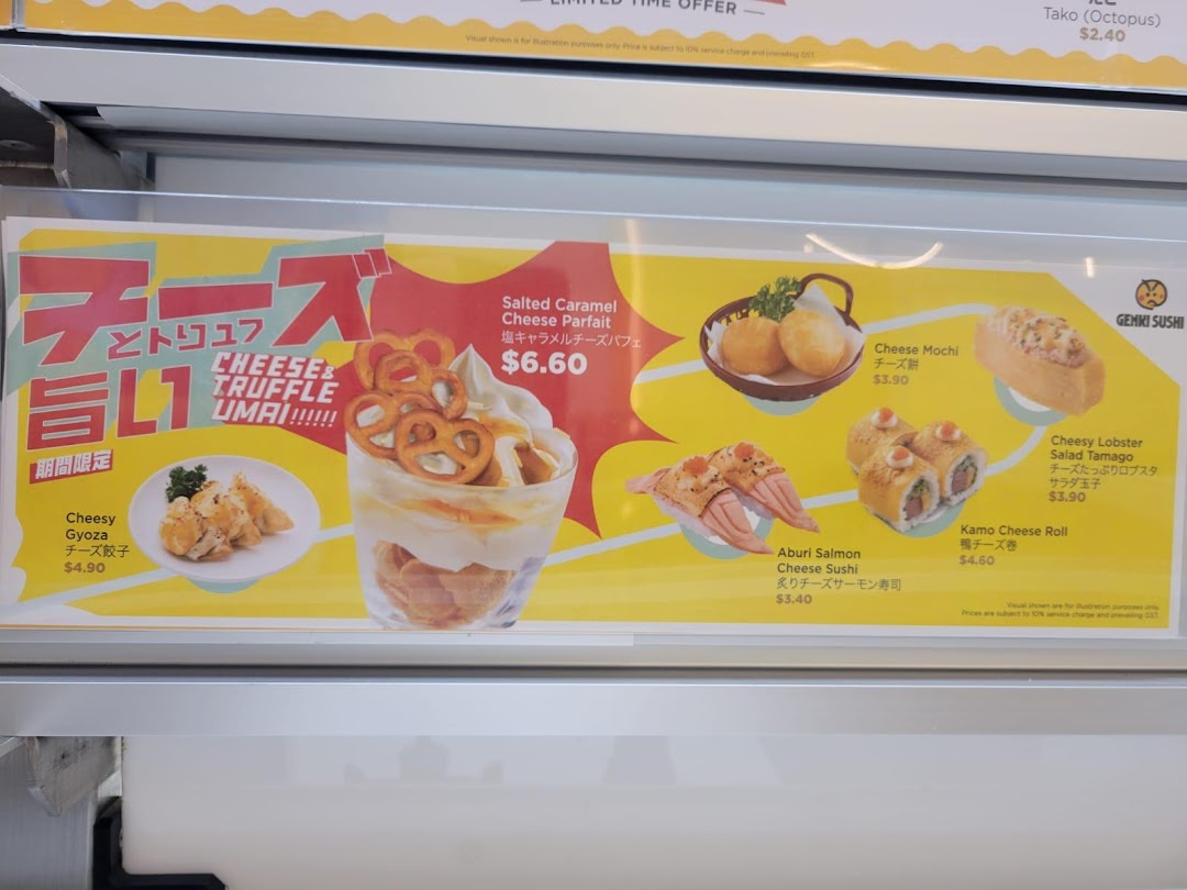 A promotional menu board at Genki Sushi featuring limited-time cheese and truffle themed items.