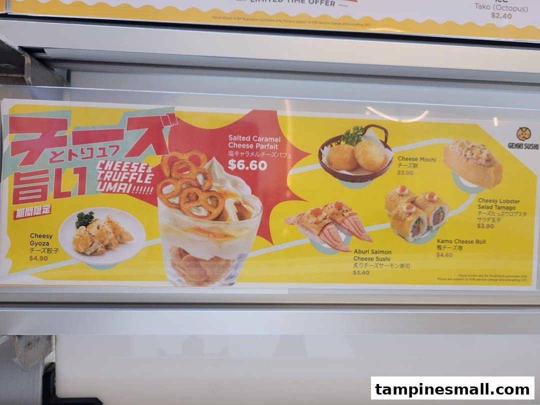 A promotional menu board at Genki Sushi featuring limited-time cheese and truffle themed items.