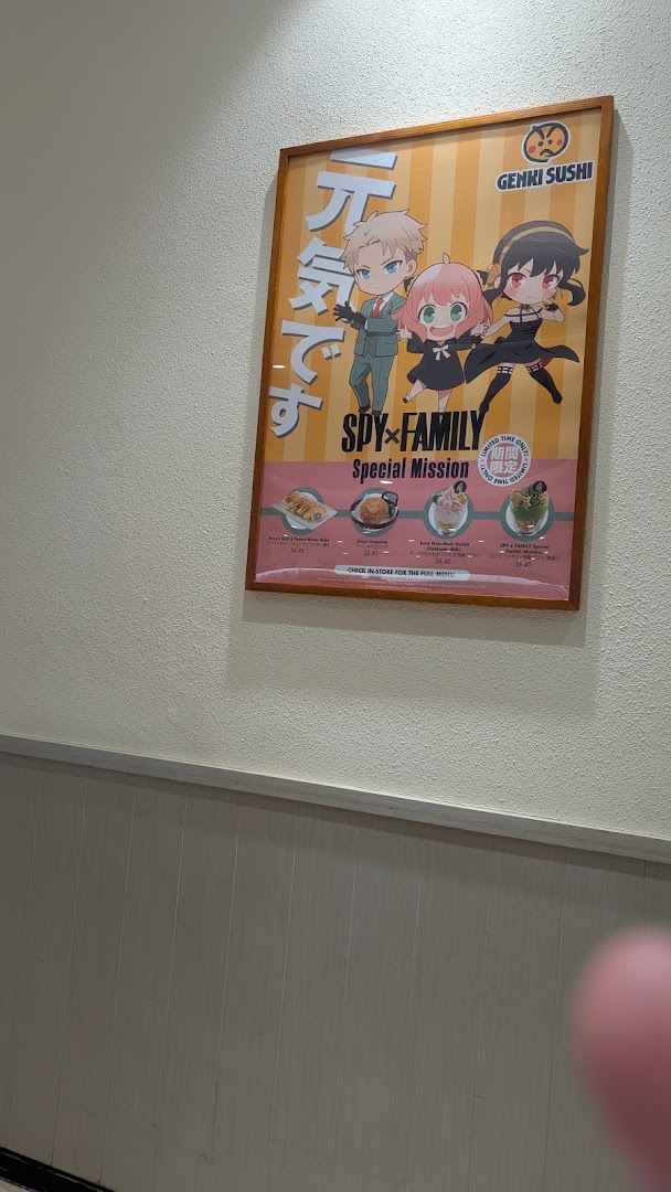 A Genki Sushi poster showcasing a 'Spy x Family' collaboration with limited-time menu items.