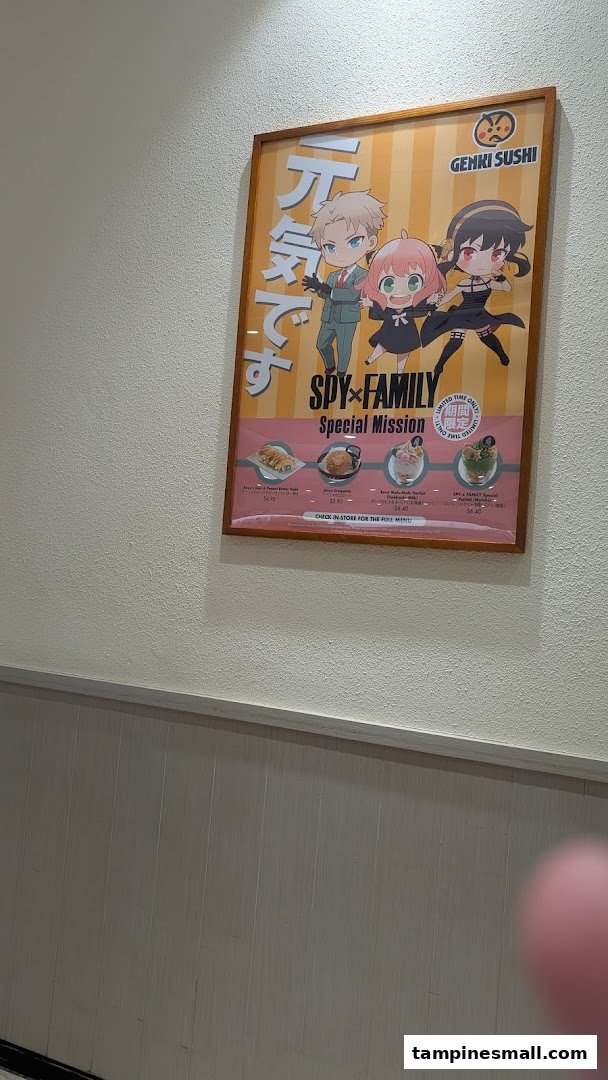 A Genki Sushi poster showcasing a 'Spy x Family' collaboration with limited-time menu items.