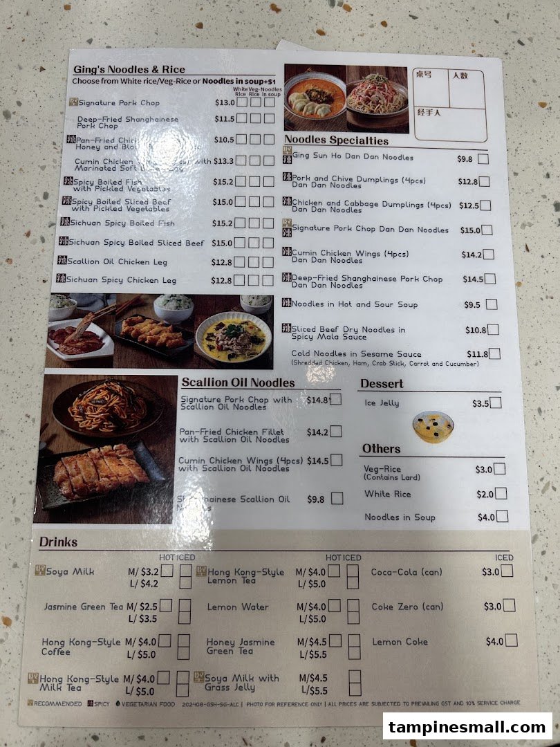 A detailed menu from Ging's Noodles & Rice, featuring various noodle dishes, rice, and drinks.