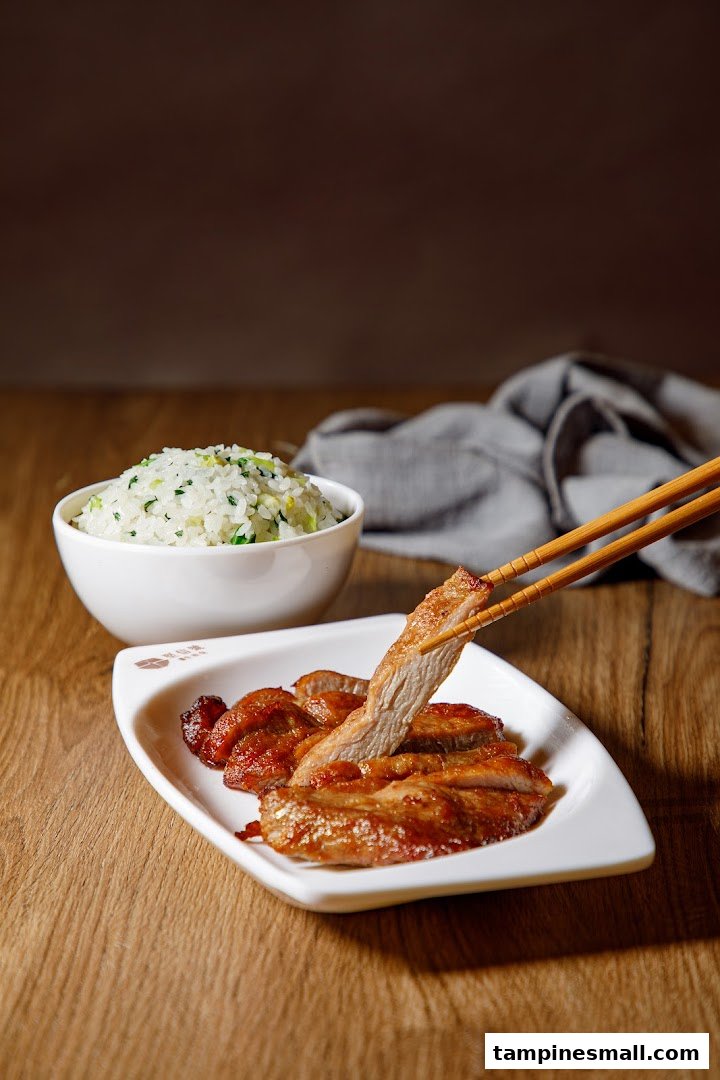 A delicious plate of sliced roasted meat with a side of fragrant rice, ready to be enjoyed.