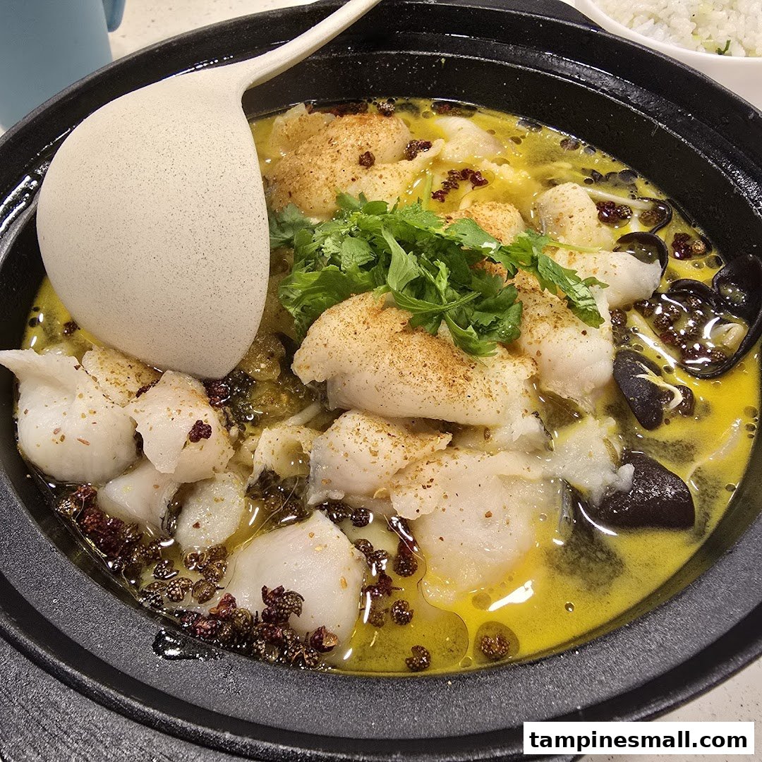 A vibrant hot pot dish featuring tender fish fillets, spices, and fresh cilantro.