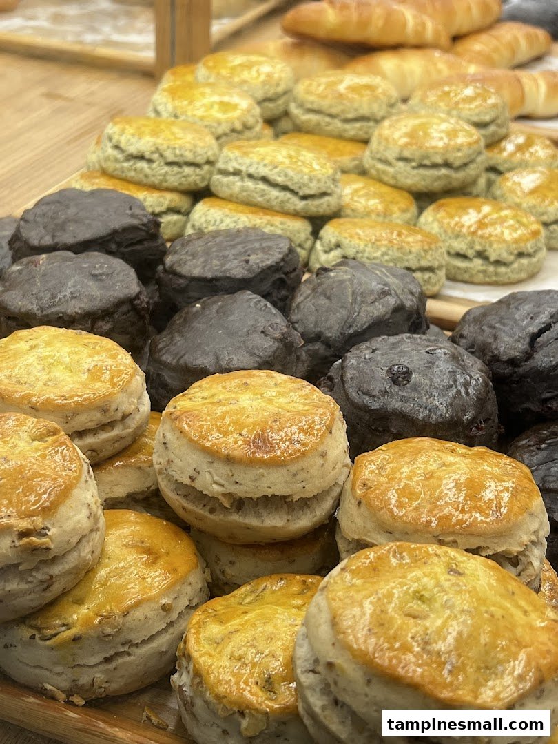 A close-up of various freshly baked scones, including plain and dark chocolate varieties, on display.