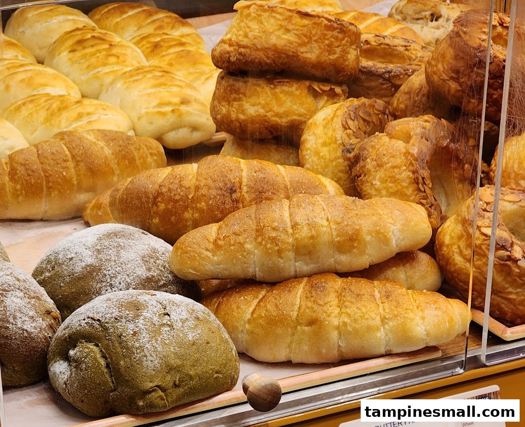 A close-up view of various freshly baked bread and pastries displayed in a bakery showcase.