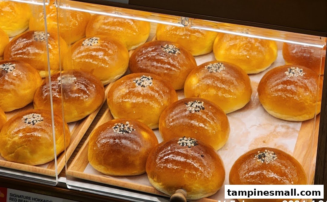 Rows of golden-brown buns with sesame seeds displayed in a bakery showcase.