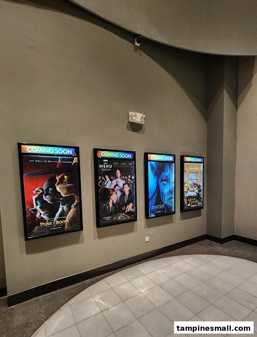 Movie posters for 'Coming Soon' films displayed in a cinema lobby.