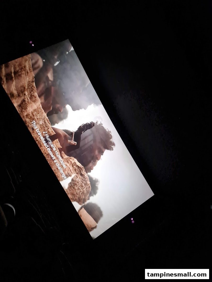 A movie scene with subtitles displayed on a large screen in a dark cinema hall.