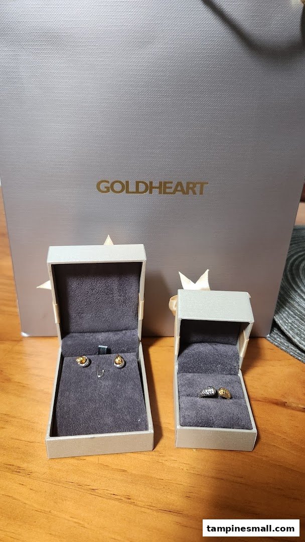 Goldheart Jewelry bag with open boxes displaying elegant earrings and a ring.