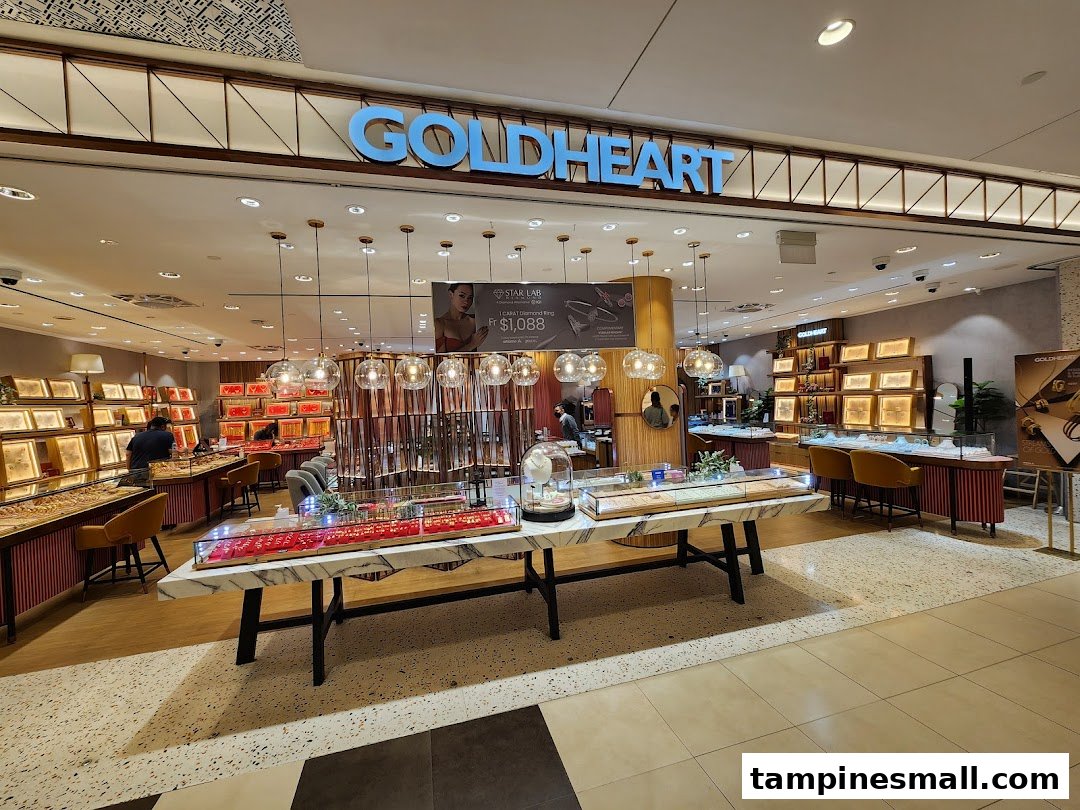 The brightly lit entrance and interior of Goldheart Jewelry, showcasing elegant display cases and sparkling collections.