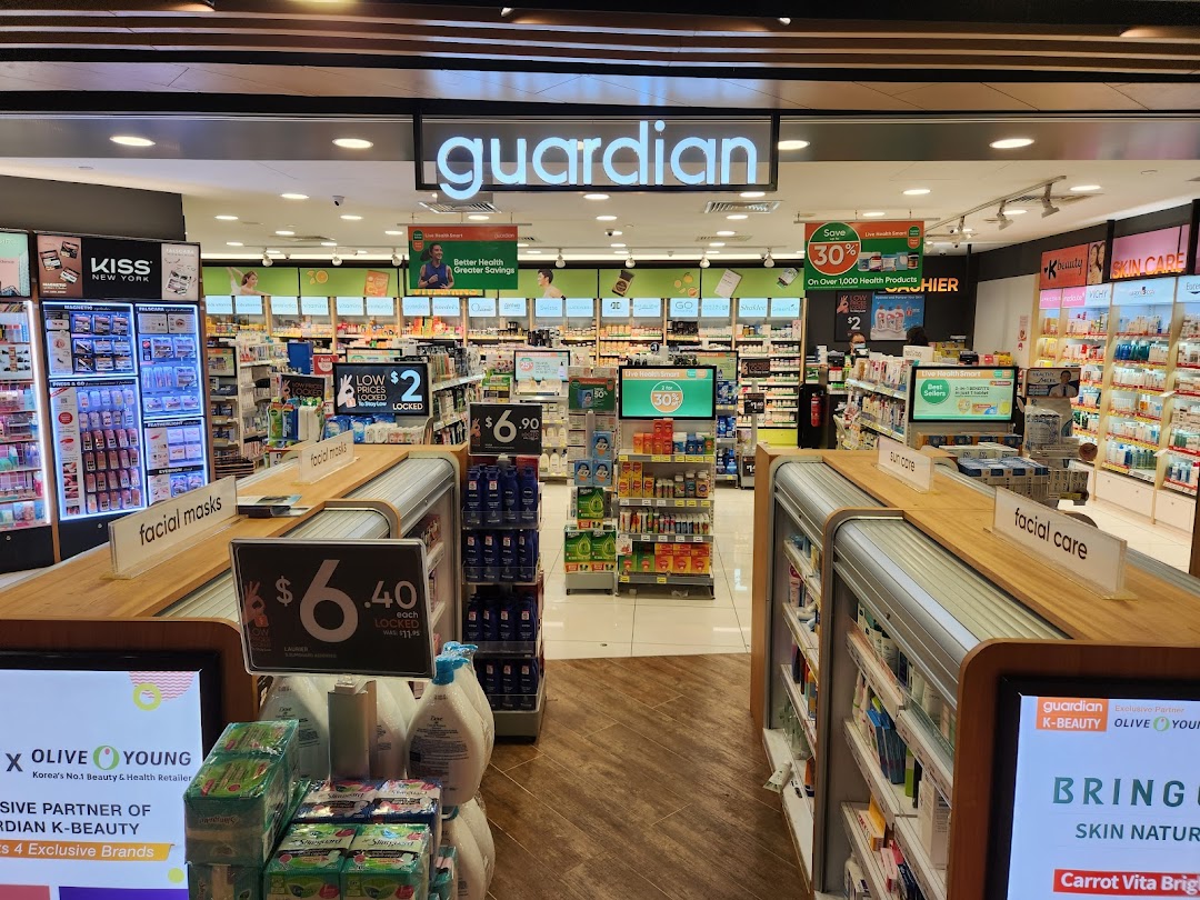 Interior view of Guardian Health & Beauty store, showcasing health, beauty, and personal care products.