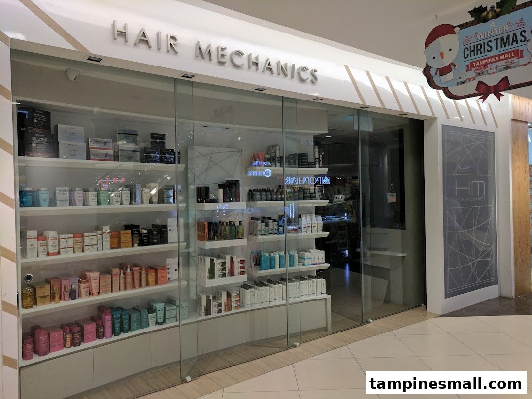 The storefront of Hair Mechanics, showcasing a wide array of hair care products in its display windows.