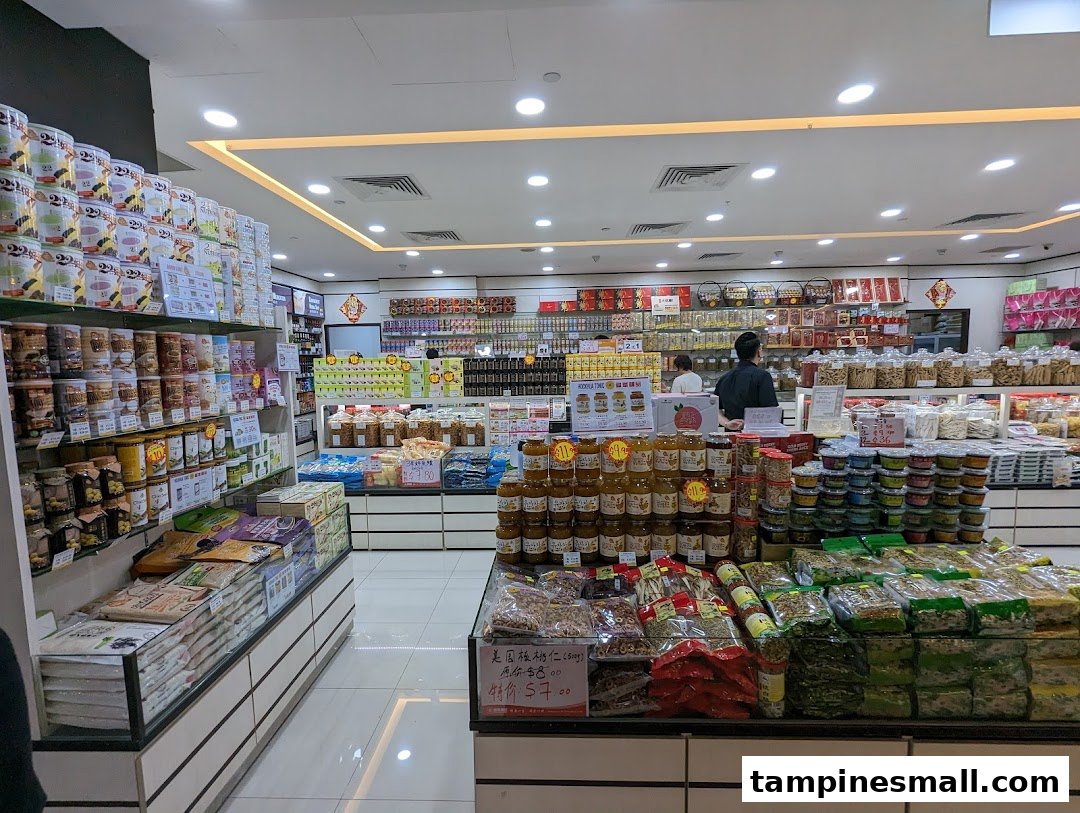 Interior view of Hockhua Tonic, showcasing shelves filled with traditional health products and tonics.