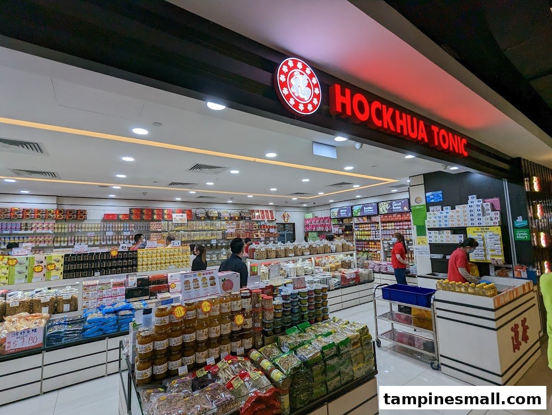 Brightly lit interior of Hockhua Tonic, showcasing a wide array of traditional health products and tonics.