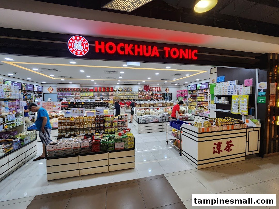 The brightly lit entrance of Hockhua Tonic, a traditional Chinese tonic shop, with customers browsing products.