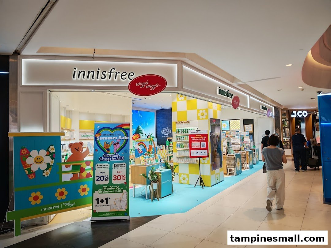 The vibrant Innisfree shop entrance features colorful displays, promotional banners, and a customer walking past.