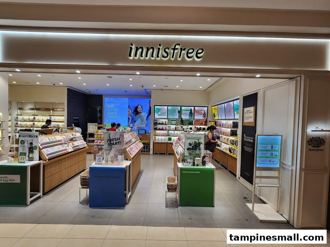 The image shows the brightly lit entrance of the Innisfree beauty store with product displays and customers inside.