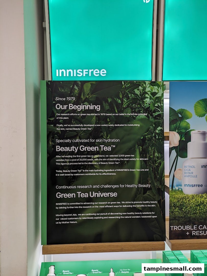 An Innisfree in-store display highlighting the origins and benefits of their signature Beauty Green Tea ingredient.