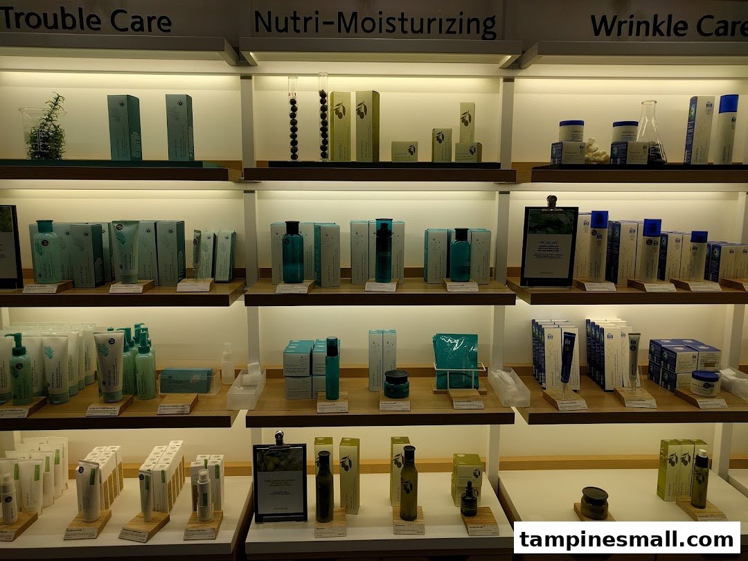 Well-lit shelves displaying a variety of Innisfree skincare products categorized by skin concern.