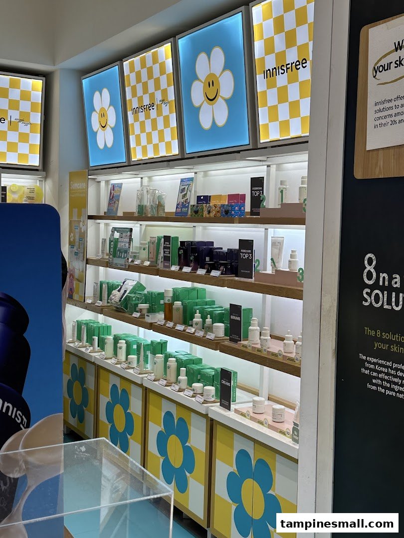 Interior view of Innisfree showcasing shelves filled with skincare products and cheerful daisy-themed decor.