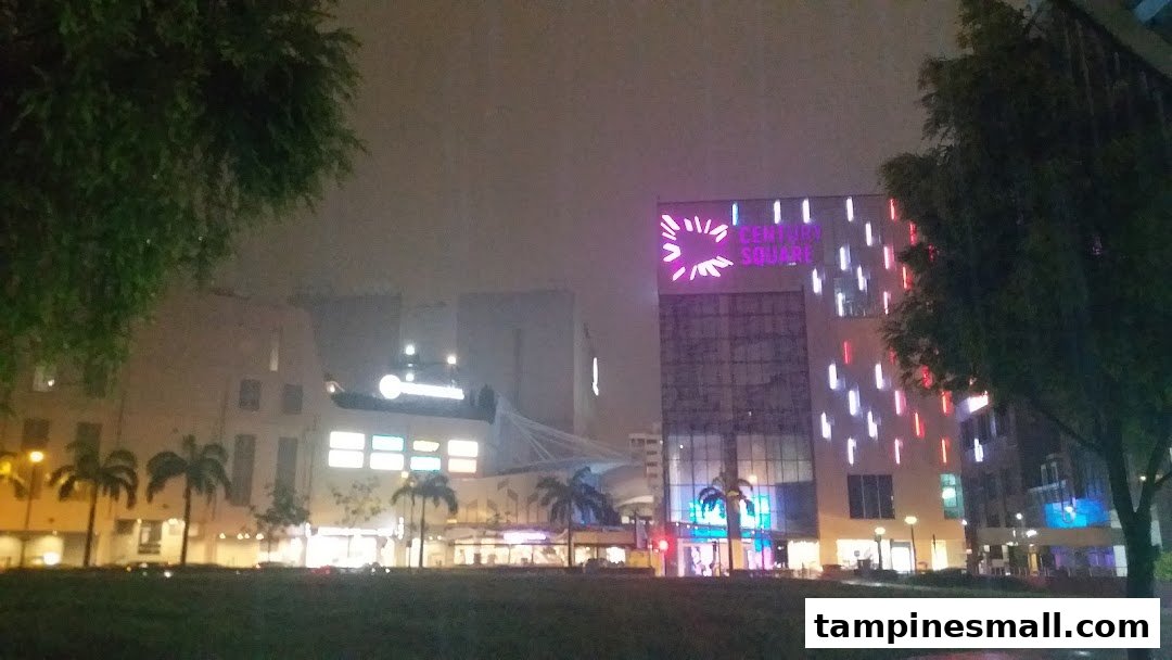 Night view of Century Square shopping mall exterior with illuminated signs and palm trees.