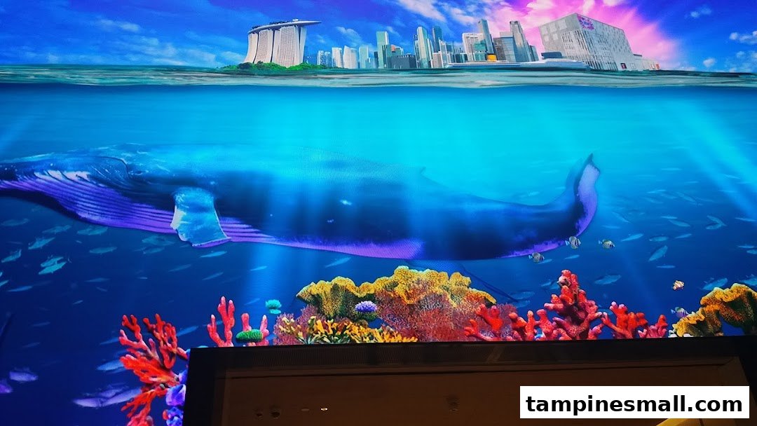 A large digital display showcasing an immersive underwater scene with a whale, coral, and a city skyline above.