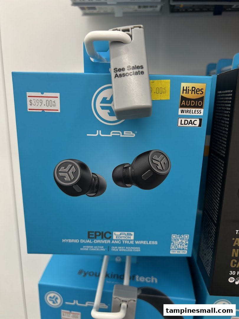 A JLab Epic Lab Edition earbuds box with price tag and security device on display.