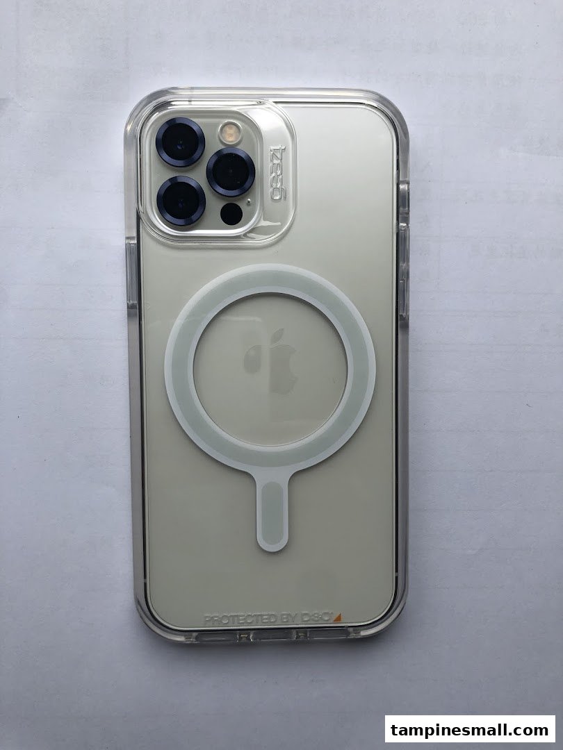 An iPhone 15 Pro Max in a clear protective case with a visible MagSafe ring.