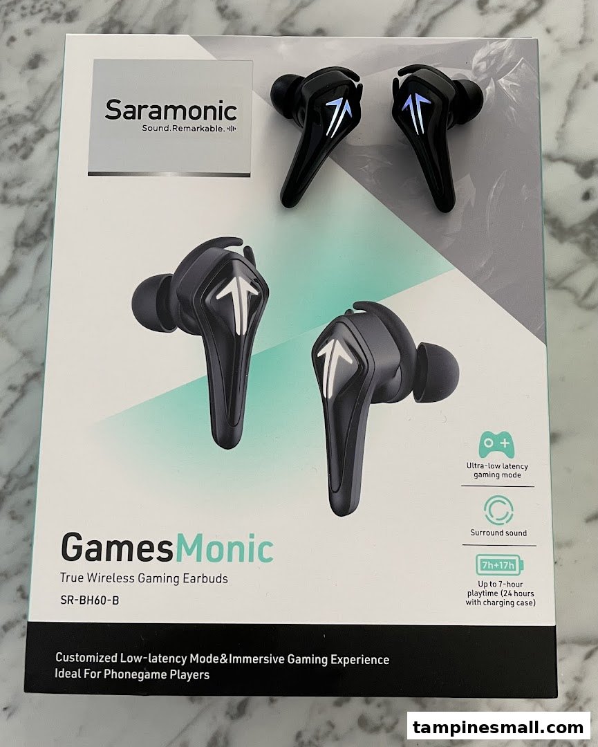 A product box for Saramonic GamesMonic true wireless gaming earbuds, highlighting key features.
