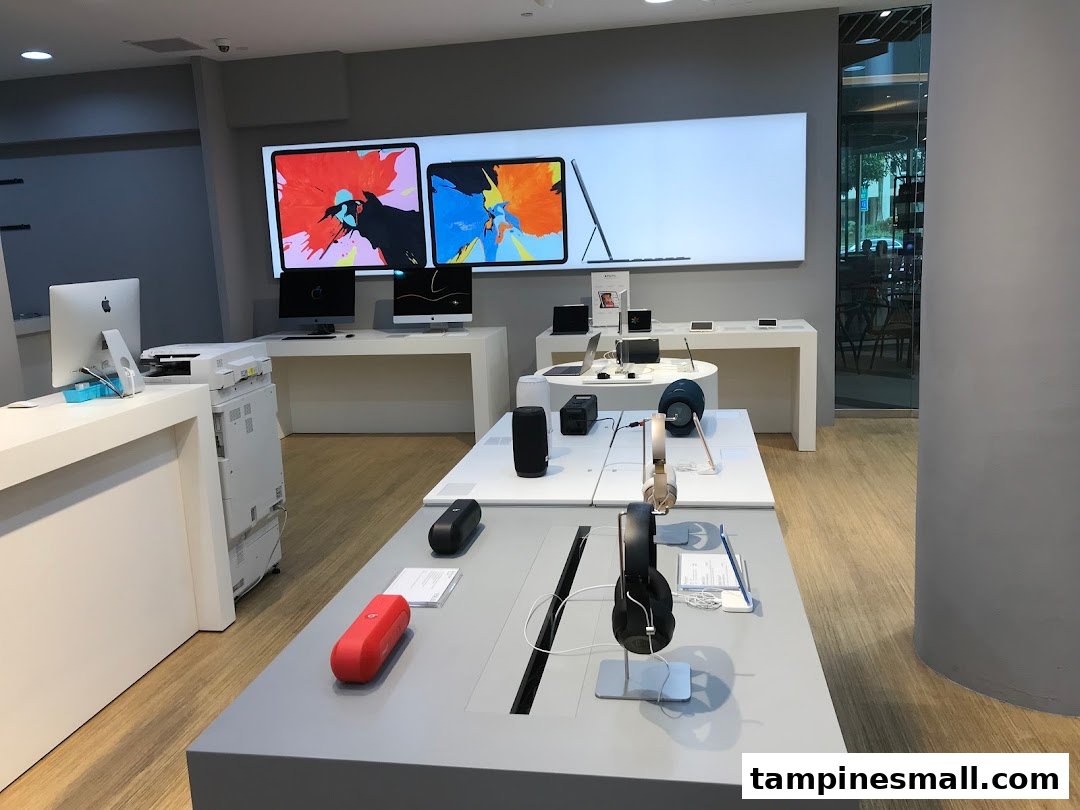Interior view of iStudio, showcasing Apple products like iMacs, iPads, headphones, and speakers on modern displays.