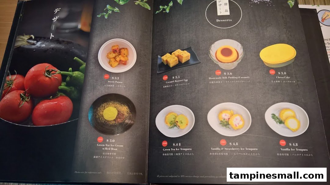 A menu page showcasing a variety of delicious desserts, including ice cream tempura and puddings.