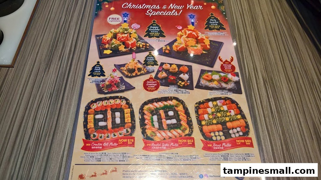 A menu displaying Itacho Sushi's Christmas & New Year sushi specials and platters.