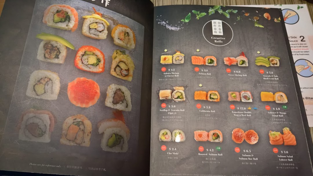 A detailed menu page from Itacho Sushi showcasing a variety of creative sushi rolls.
