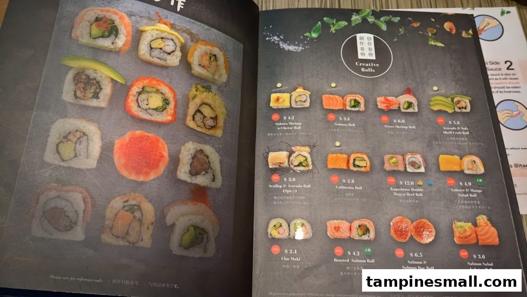 A detailed menu page from Itacho Sushi showcasing a variety of creative sushi rolls.
