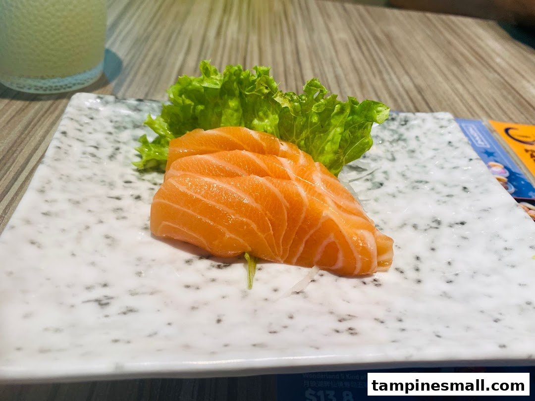 Fresh salmon sashimi served on a stylish plate with a side of crisp lettuce.