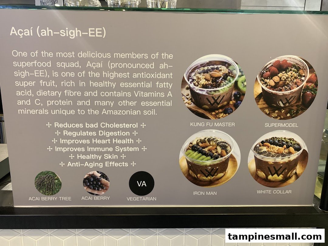 A display board showcasing various Açaí bowls with their health benefits and names.
