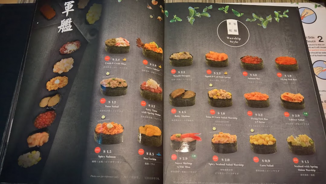 A detailed menu page from Itacho Sushi showcasing various 'Warship Style' sushi options with prices.