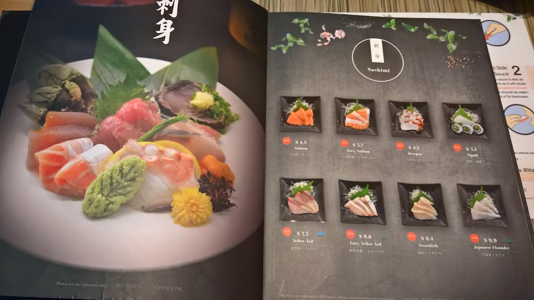 A menu page from Itacho Sushi featuring various sashimi options with prices.