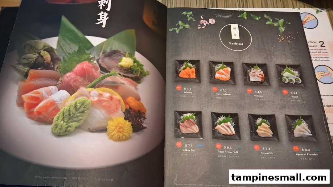 A menu page from Itacho Sushi featuring various sashimi options with prices.