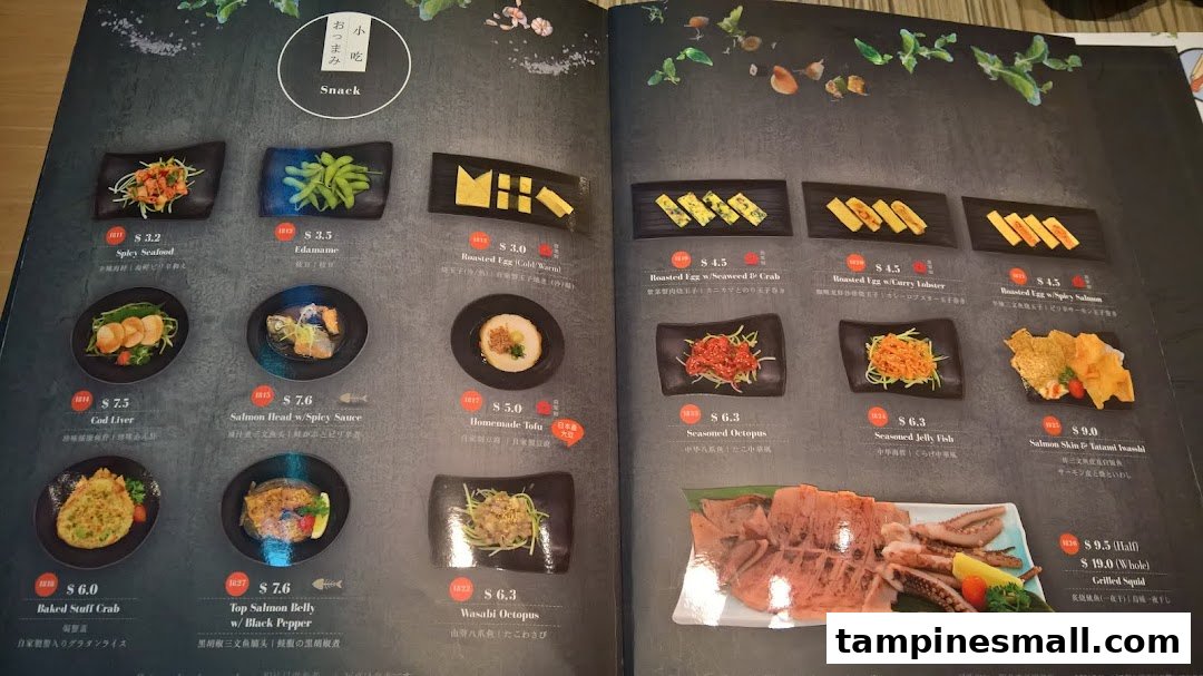 A detailed menu from Itacho Sushi showcasing a variety of appetizers and snacks with prices.