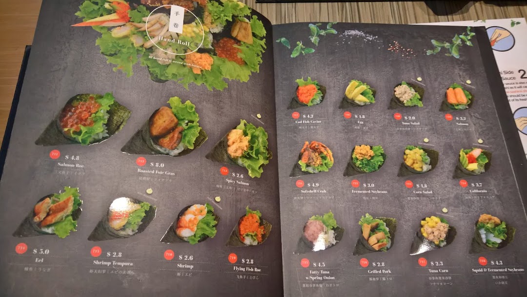 A detailed menu page from Itacho Sushi showcasing a variety of delicious hand rolls with prices.