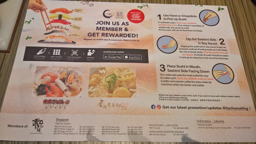 A promotional menu displaying sushi, udon, and wonton noodles, with membership benefits and dining tips.