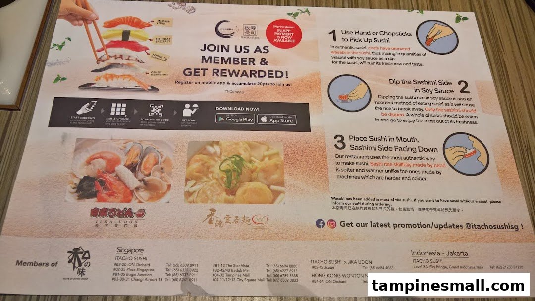 A promotional menu displaying sushi, udon, and wonton noodles, with membership benefits and dining tips.