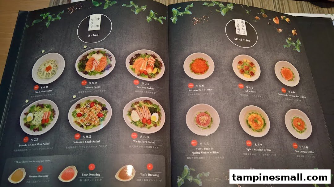 A detailed menu page from Itacho Sushi featuring various salads and mini rice bowls.