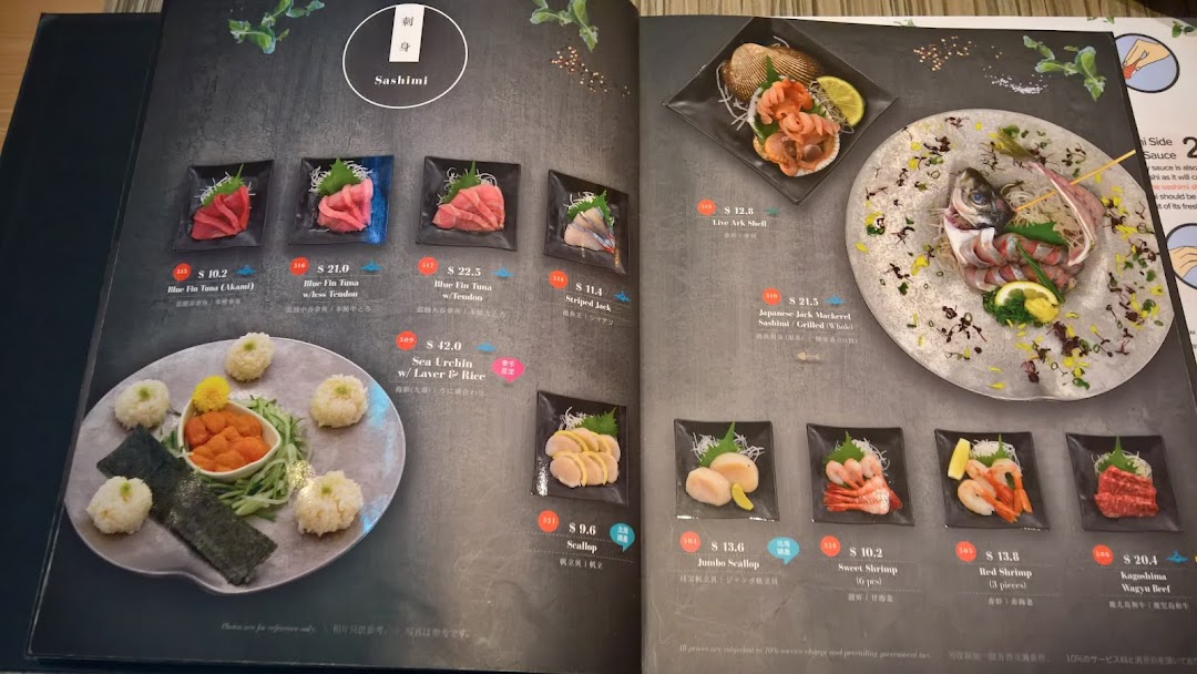 A detailed menu page from Itacho Sushi, showcasing various sashimi and seafood dishes with prices.