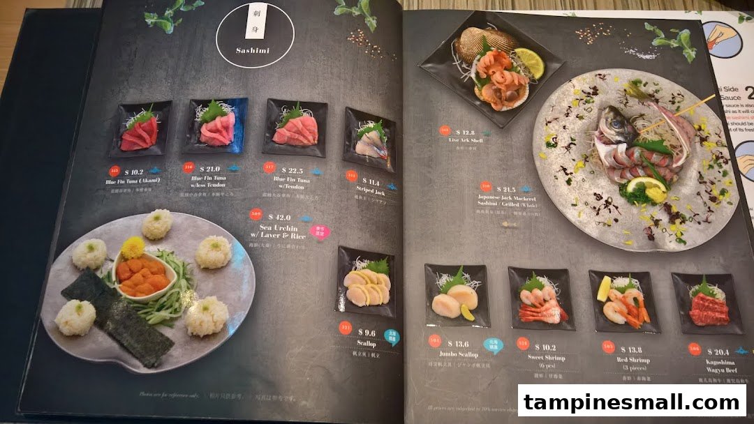 A detailed menu page from Itacho Sushi, showcasing various sashimi and seafood dishes with prices.