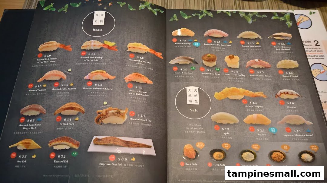 A detailed menu from Itacho Sushi, showcasing a variety of roasted and salt-prepared sushi and nigiri options.