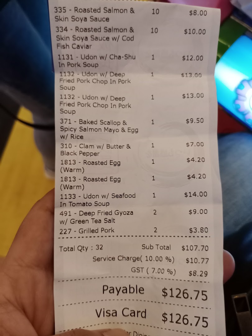 A detailed receipt from Itacho Sushi, listing various Japanese dishes, quantities, and prices.